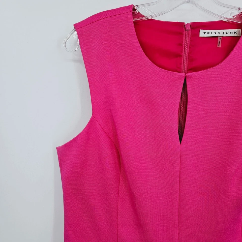 Trina Turk Dress 10 Pink Swizzle Sunnie Keyhole Lace Slip Pleated Pockets Bright - Image 3 of 4