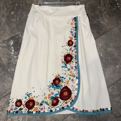 A Common Thread NWT Embroidered Sequined Faux Wrap Midi Skirt Medium Ivory