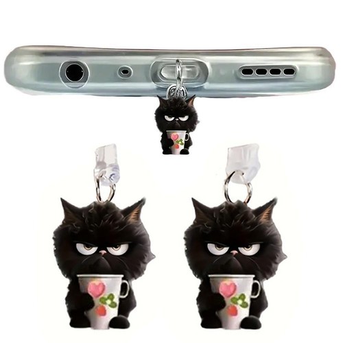 Small Black Cat Acrylic Pendant Phone Dust Plug For Apple / ✨y Type-C H1D9 W1Z2 - Zdjęcie 2 z 14