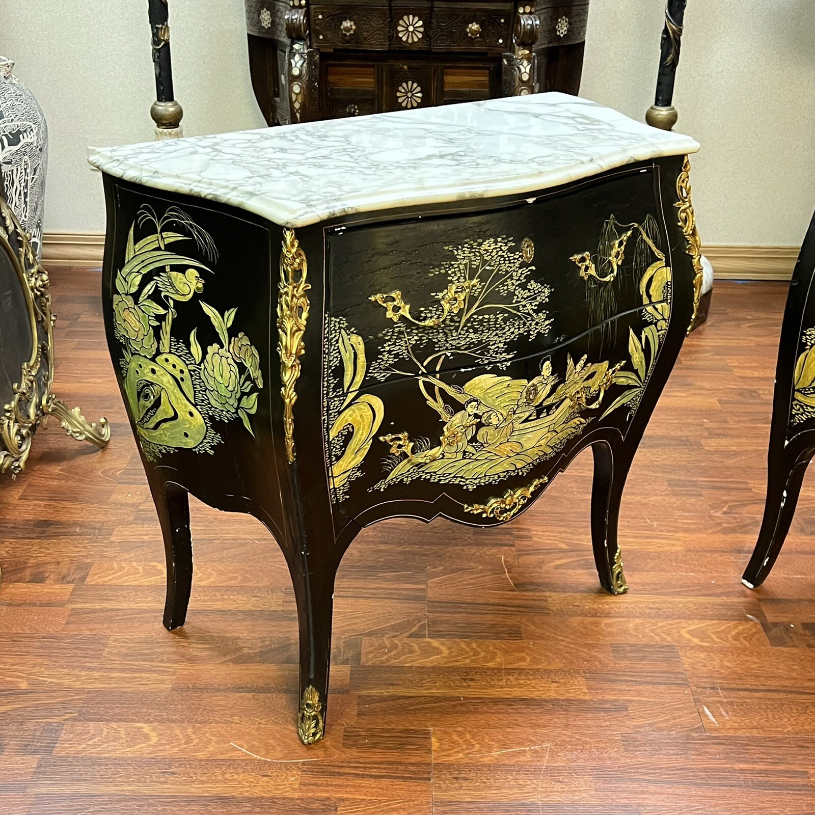 Pair Petite Louis XVI Style Chinoiserie Commodes