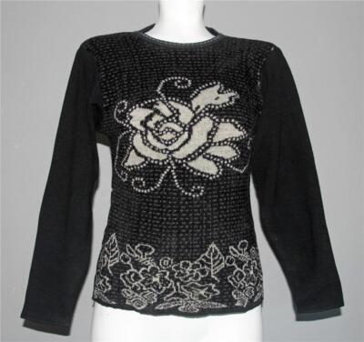 VTG OSWAL Collection by Gaystyle Big Rose Chenille Front Black Sweater Wm's S/M