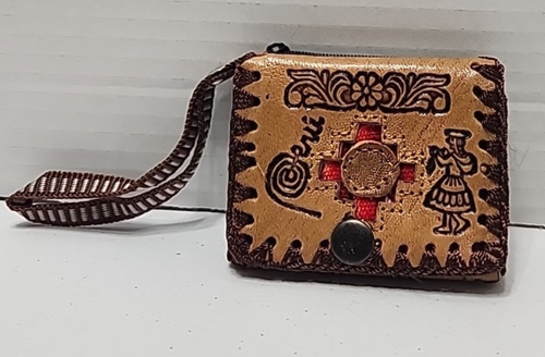 Souvenier Tooled Leather Coin Purse from Peru with Aztec Designs and Handle