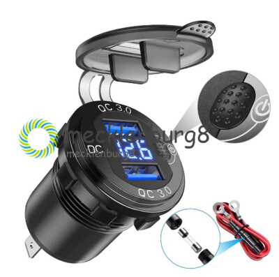 Dual USB Charger 36W QC3.0 Waterproof Voltmeter Switch For 12V/24V Motorcycle