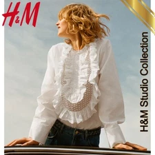 H&M #Edition Broderie Anglaise Ruffled Cotton Blouse White Women - H&M Original
