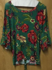 Belle Sky Green Floral Dolman 3/4 Flutter Sleeve Crossover Tie Back Knit Top L