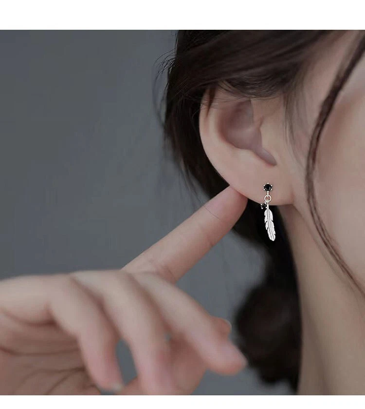 Solid925 Sterling Silver Feather Dangle Stud Drop Earrings Dainty Gift Wholesale - Image 3 of 4