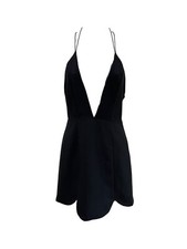 Nasty Gal Black Plunge Neck Mini Dress XS Polyester Viscose Spaghetti Straps Cro