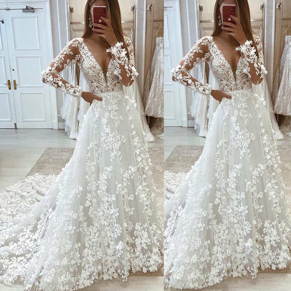 Vintage Deep V Neck Wedding Dresses Long Sleeve Lace Appliques