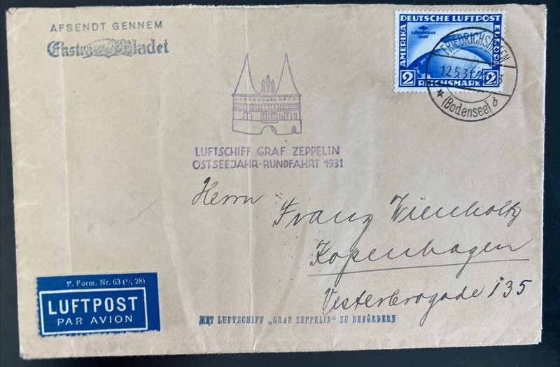 1931 Germany Graf Zeppelin Cover To Denmark South America Flight LZ 127 # C38