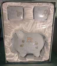 Baby Essentials 3pc Blue Ceramic Keepsake Baby Shower Gift Curl Tooth Piggybank