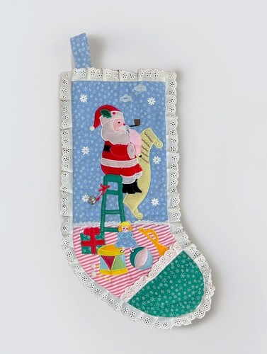 Vintage KURT ADLER Christmas Stocking Santa Applique Eyelet Trim Jingle Bell - Picture 2 of 6