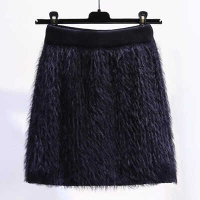 Lady Faux Mink Fur Short Skirt High Elastic Waist A-line