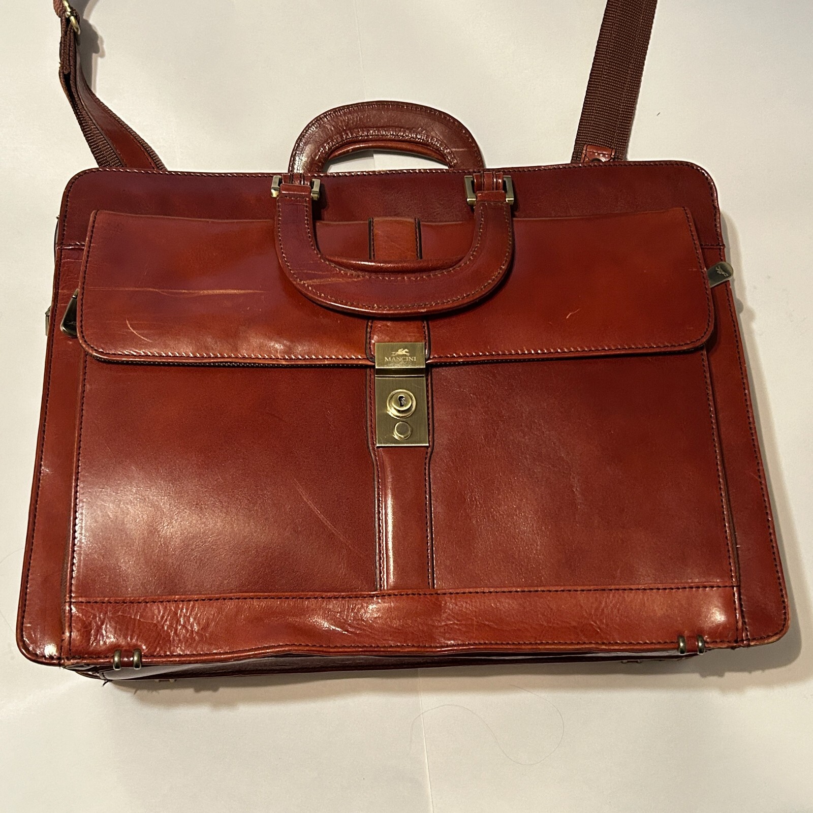 Mancini Cognac Brown Leather Briefcase Shoulder Strap Lock K
