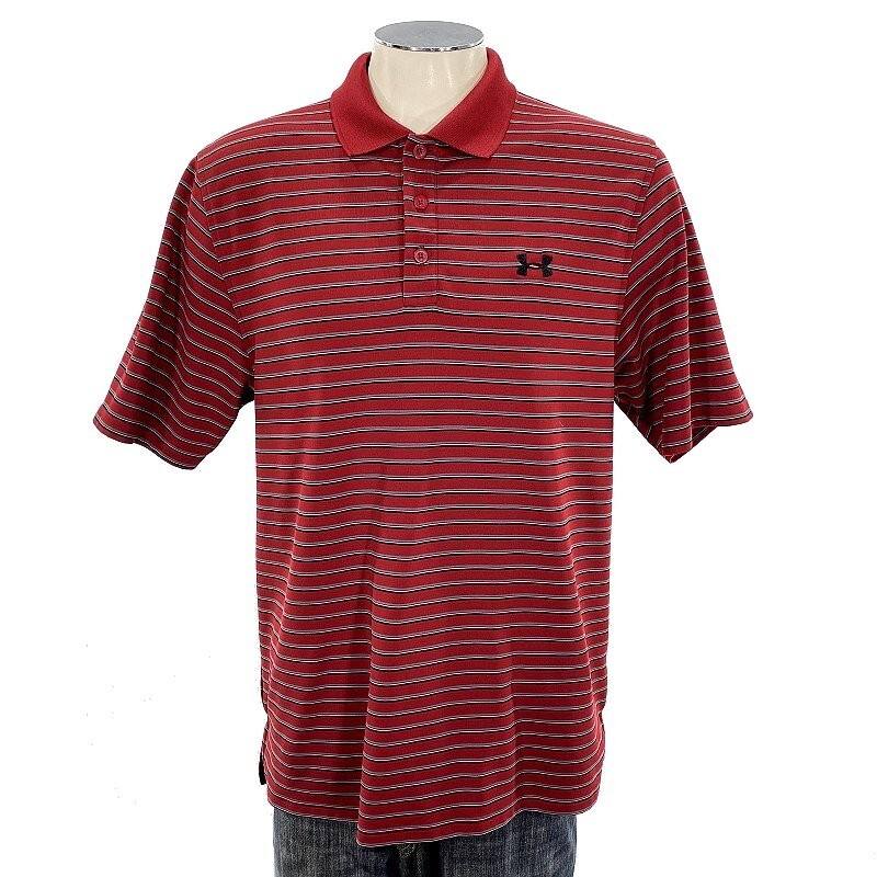 Under Armour Polo Shirt L Loose Red Stripe Heatgear Short Sleeve Golf Mens