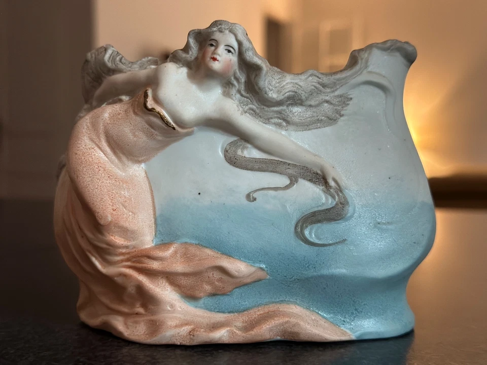 Ancien biscuit porcelaine la sirène art nouveau vide poche Jugendstil G.K 1900 - Photo 4/4