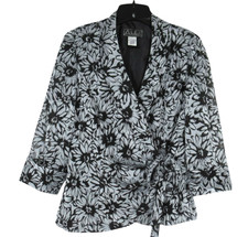 ALEX EVENINGS Lined CHIIFO Black/Gray Floral TIE BUTTON WRAP Jacket Blouse Sz M