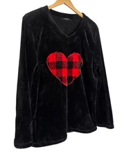 Just Love Black Fleece Pullover Red Buffalo Plaid Heart V Neck Top Sz XL