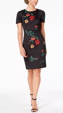 Calvin Klein Floral Print Red Poppy Puff Sleeve Black Scuba Sheath Dress Size 2