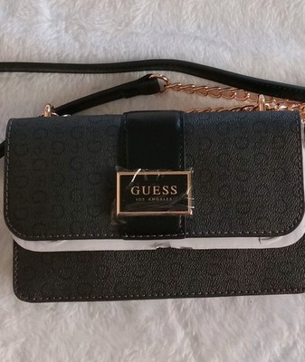 GUESS Women's Charcoal Logo Shoulder Bag with Gold Chain Strap, Designer Accent