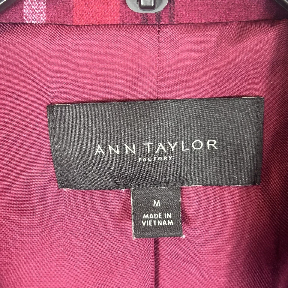 Abrigo de mujer Ann Taylor talla mediana borgoña a cuadros con cinturón envolvente gabardina guisante LN estado Foto 4 de 4