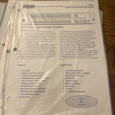 RANE ME60 Product Data Sheet Equalizer vintage original