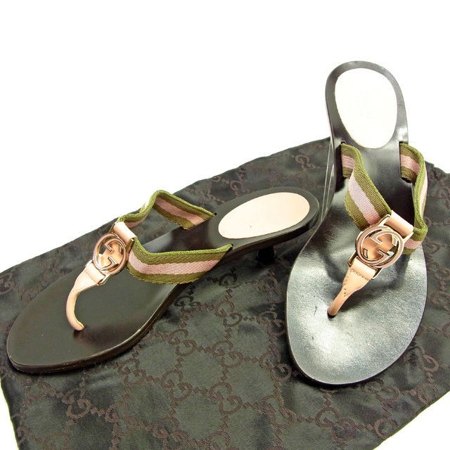 GUCCI Sandals Shoes #34 Half C Sherry Line Thong Double G Pink x Green x Dark Br