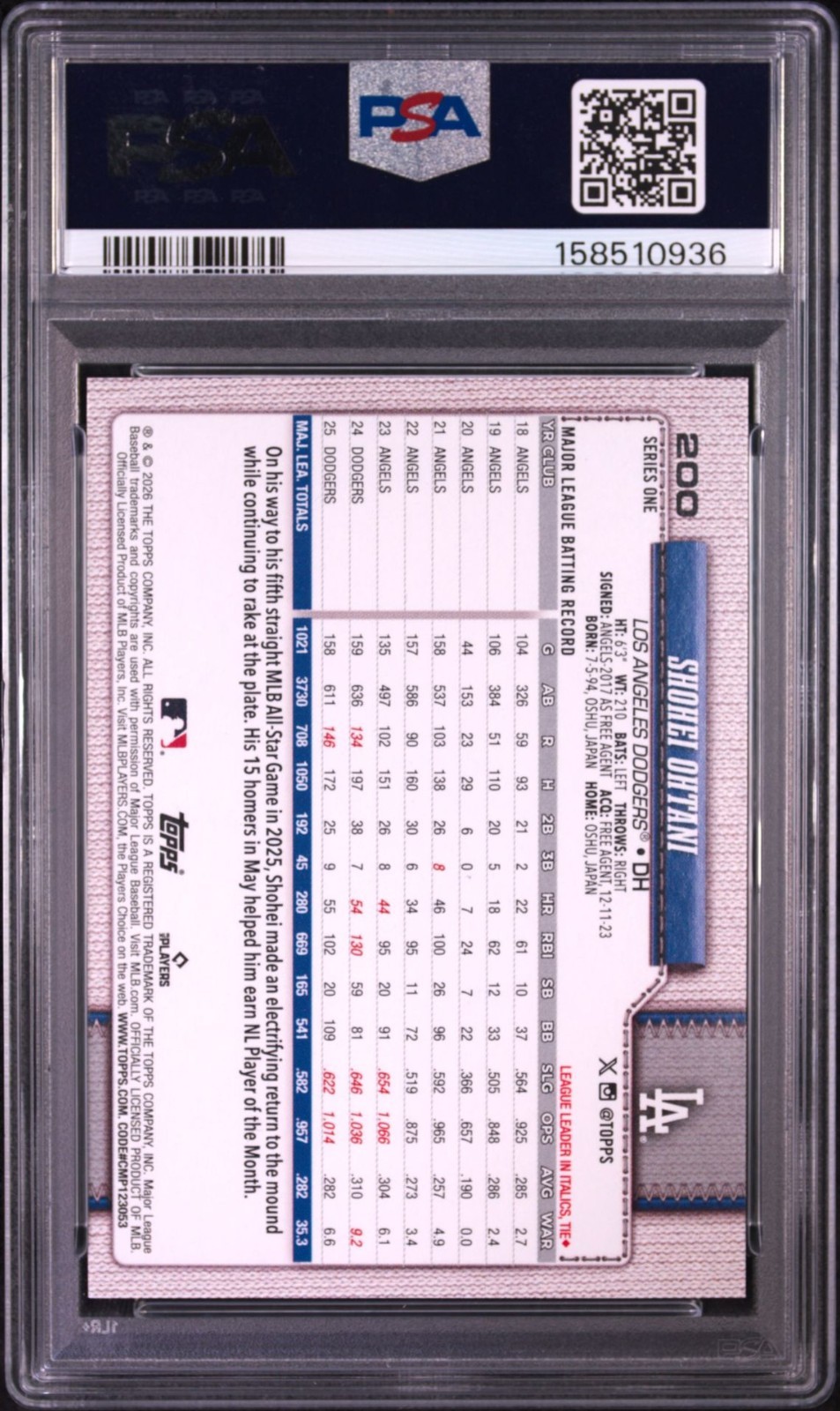 2025 Topps Shohei Ohtani Diamante Dodgers #200 PSA 10 Gem Mint view 2