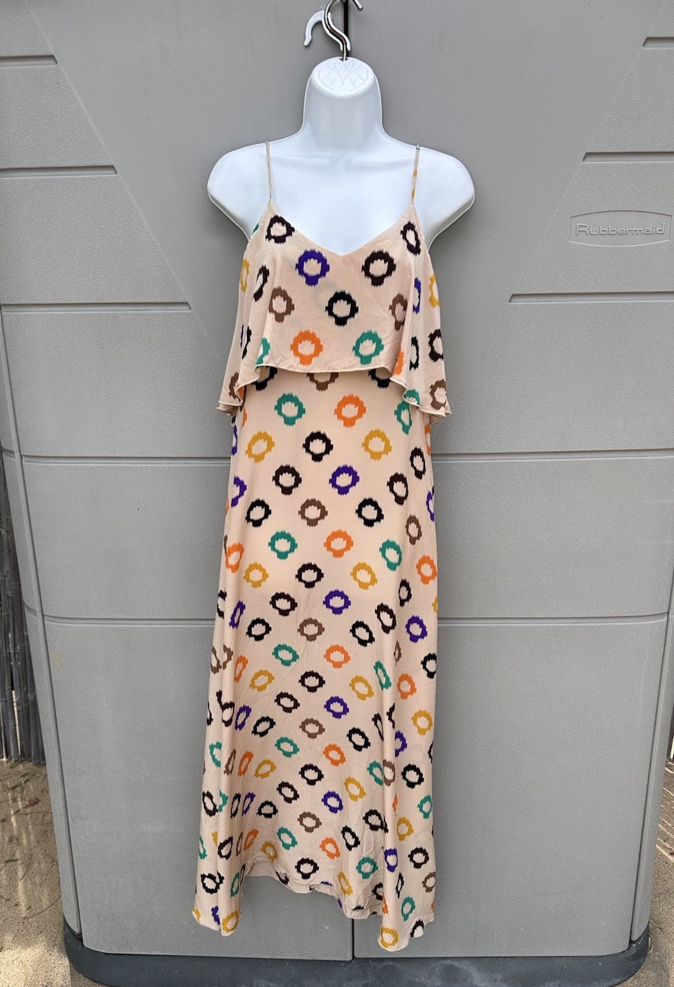 BLU MOON By PLANET BLUE Silk Maxi Slip Dress Ruffle Geo Print Sz S Vacation Y2K