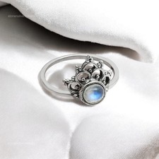925 Silver Natural Rainbow Moonstone Band Birthday Crown Bezel Christmas Ring
