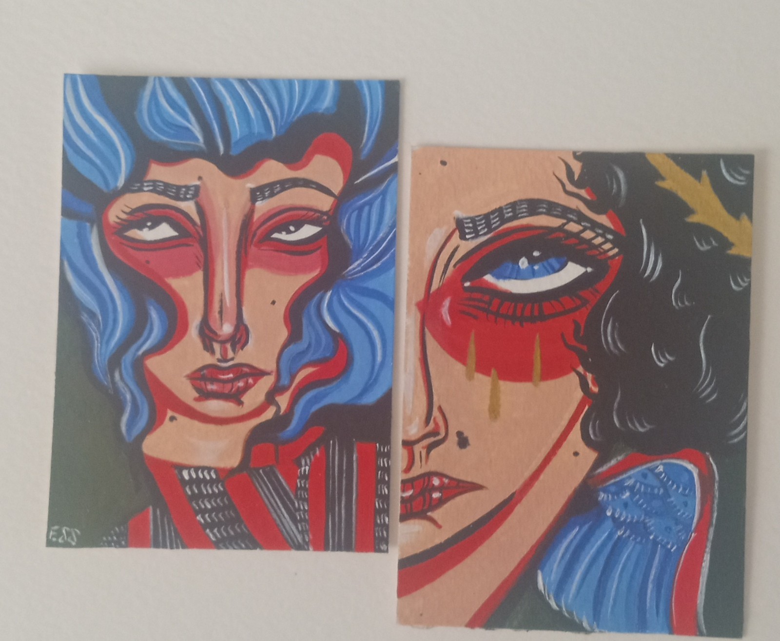 OOAK ACEO 2/1 Figurative Art Card Set By ESS22, 3.5 x 2.5 in., Unframed