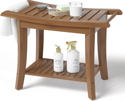Bamboo Shower Bench inside Shower Stool with Space-Efficient Storage Shelf, Show
