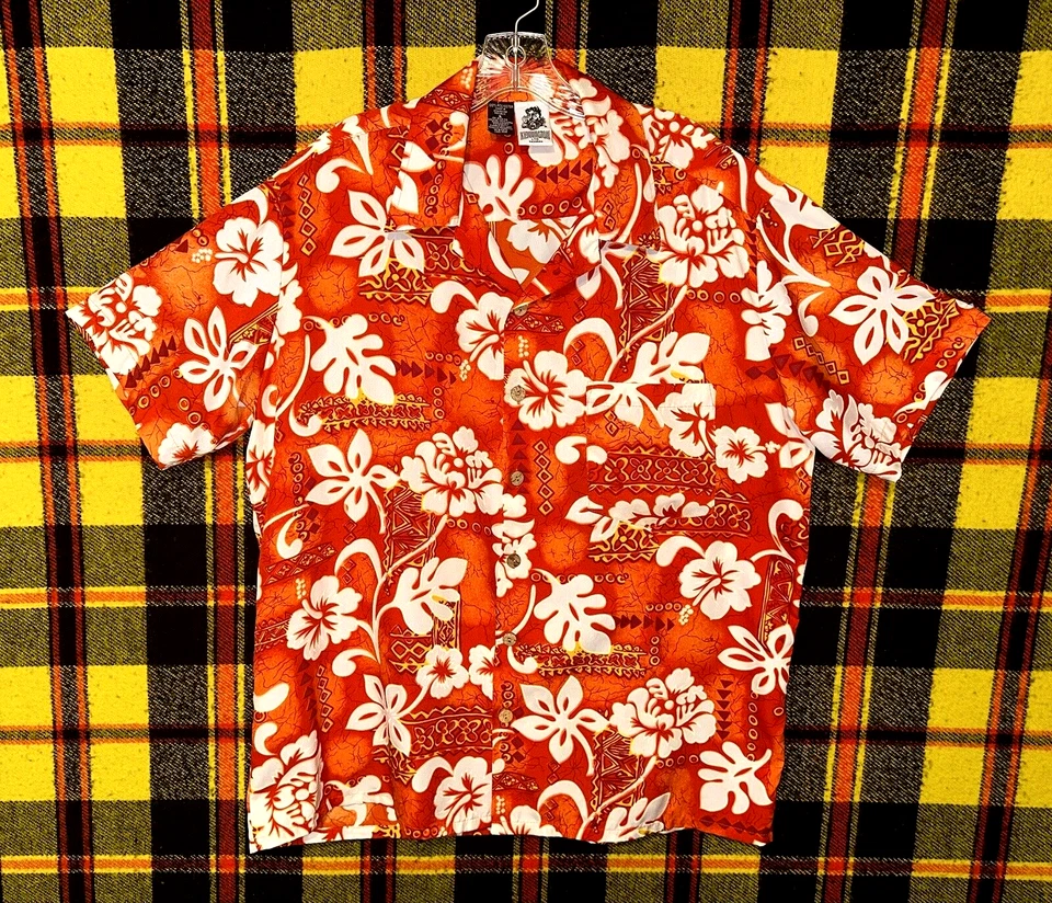 Camisa Hawaiana Kennington Para Hombre Talla Grande Naranja Estado Flor Hibisco Poliéster Foto 2 de 4