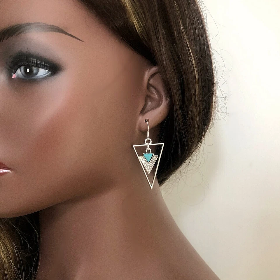 Brinco de pedra preciosa triângulo turquesa martelado joia presente boho prata esterlina - Imagem 4 de 4