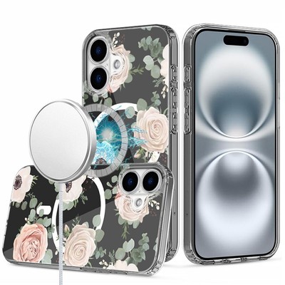 For iPhone 16 6.1inch Case Floral Print Clear Magnetic Circle + Tempered Glass