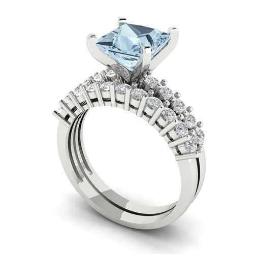 2.63 tcw Princess Cut Engagement Ring + Wedding Band, Sim Diamond White Gold Set - 第 2/40 張圖片