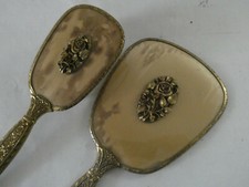 VINTAGE ART DECO ORNATE FLOWERS GOLD FINISH METAL VANITY HAND MIRROR BRUSH