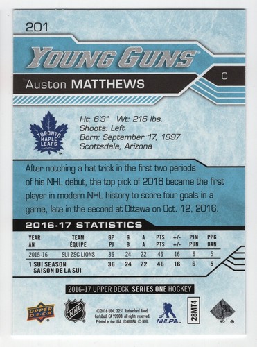 AUSTON MATTHEWS 2016-17 PONT SUPÉRIEUR YOUNG GUN N° 201 70440 - Photo 2 sur 2