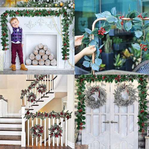 Christmas Artificial Holly Leaves Vine Garland Tree Rattan Wreath Hanging NEW - Picture 15 of 17