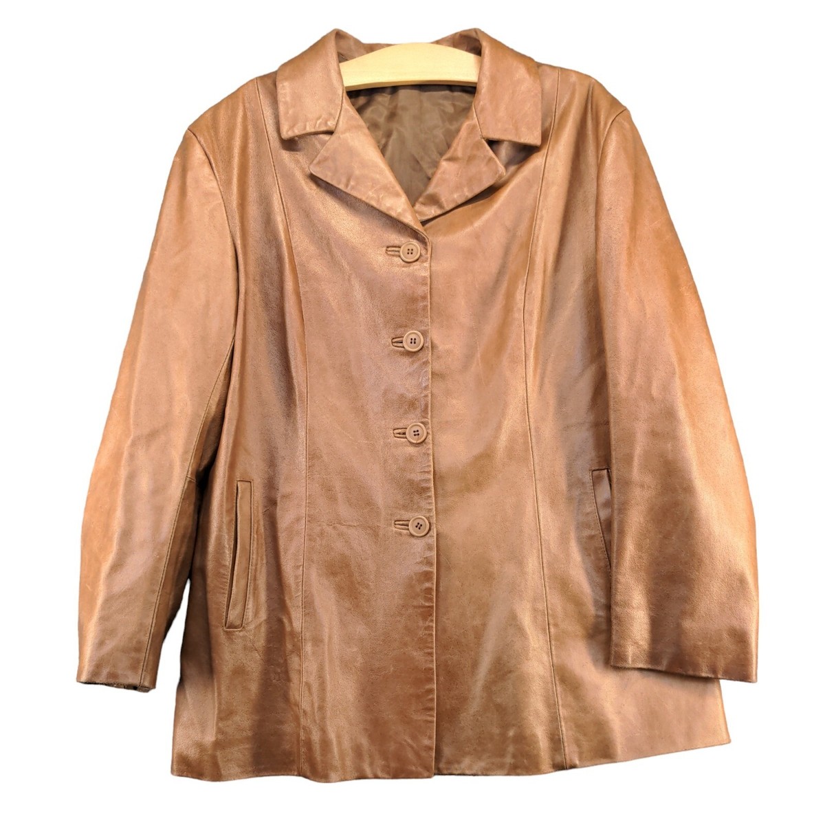 Vera Pelle Women's Leather Jacket Size 48 Long Sleeve Brown Button