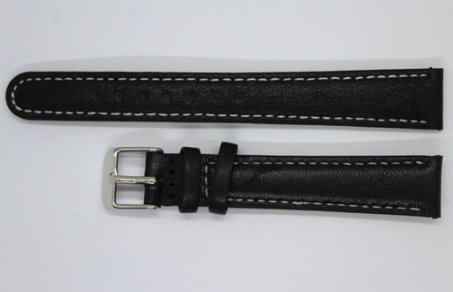 Bracelet De Montre En Cuir Véritable Noir Surpiqué Blanc - Largeur 14 Mm - Boucle Argentée