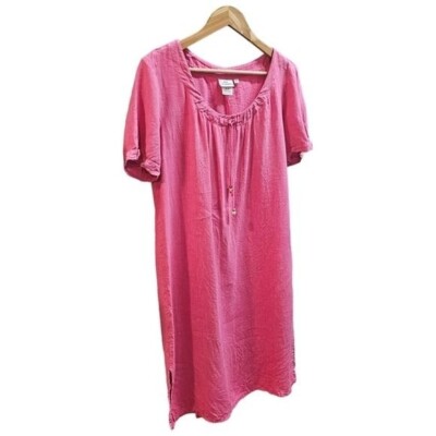 Hot Cotton 100% Linen Scoop Neck Short Sleeve Midi Dress Large Pink  Minimalist | eBay