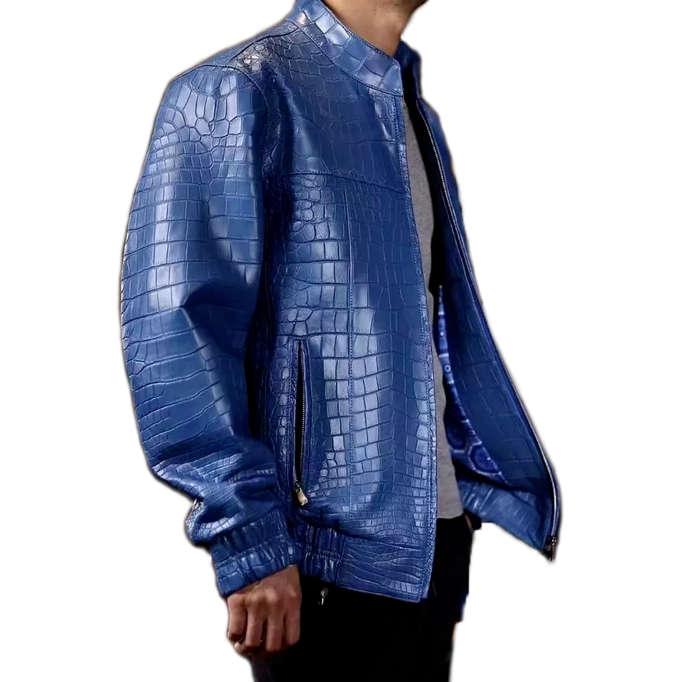 ジャケット・アウター Belvet Croc Embossed Leather Jacket Blue Bellizzi Blue Croco Embossed Bomber Motorcycle Real Luxury Leather