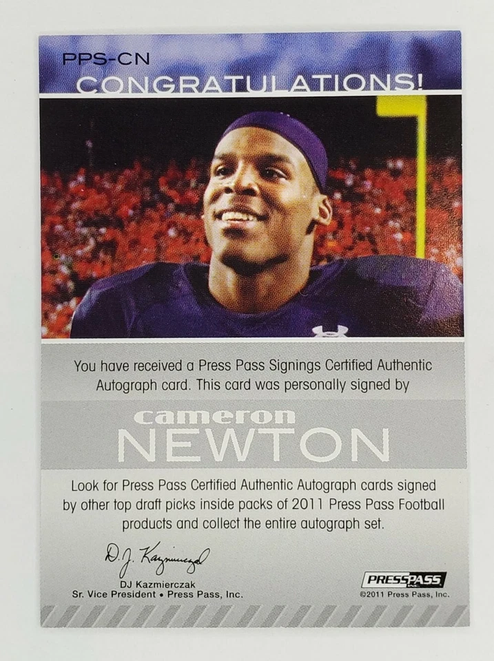 2011 CAM NEWTON PRESS PASS RC AUTO ROOKIE AUTOGRAPH SERIAL NUMBERED 33/99 - Image 2 of 4