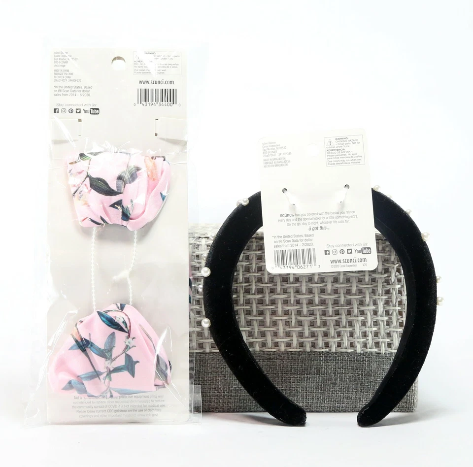 Paquete de diadema Scunci: 1 diadema de terciopelo y scrunchie con perlas y envoltura para la cabeza 1-2 en 1 Foto 2 de 2