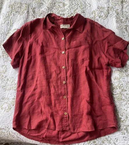 Orvis Men 100% Linen Red Button Down Shirt Size XL Short Sleeve