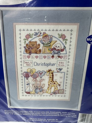 Vintage J & P Coats Counted Cross Stitch Baby Animals Birth Record 23500 new - Picture 2 of 3