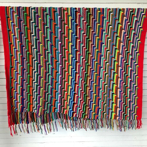 Hand Crochet Farmhouse Afghan Lap Blanket Throw Geometric Retro Stripe Fringed - Picture 3 of 5
