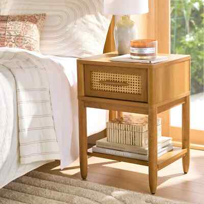 Retro-Style Springwood Caning Night Stand w/ Drawer and Open Shelf, Light Honey