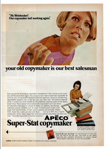 1969 Vintage Print Ad Apeco Super-Stat Copymaker Best Salesman Angry Secretary - Picture 2 of 2