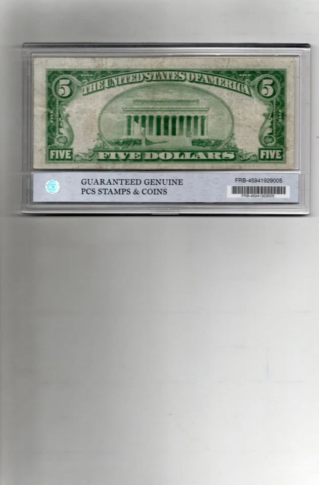 PCS 1929 5$ Federal Reserve Bank Note Of Boston Massachusetts. - Image 2 of 2